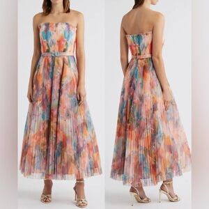 Hutch Strapless Pleated Maxi Dress in Multicolor Watercolor Print